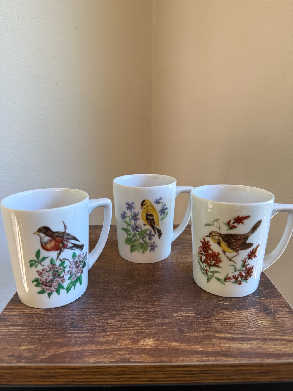 Vintage White Porcelain Bird Print Mug - Yellow, Brown & Multicolor Designs